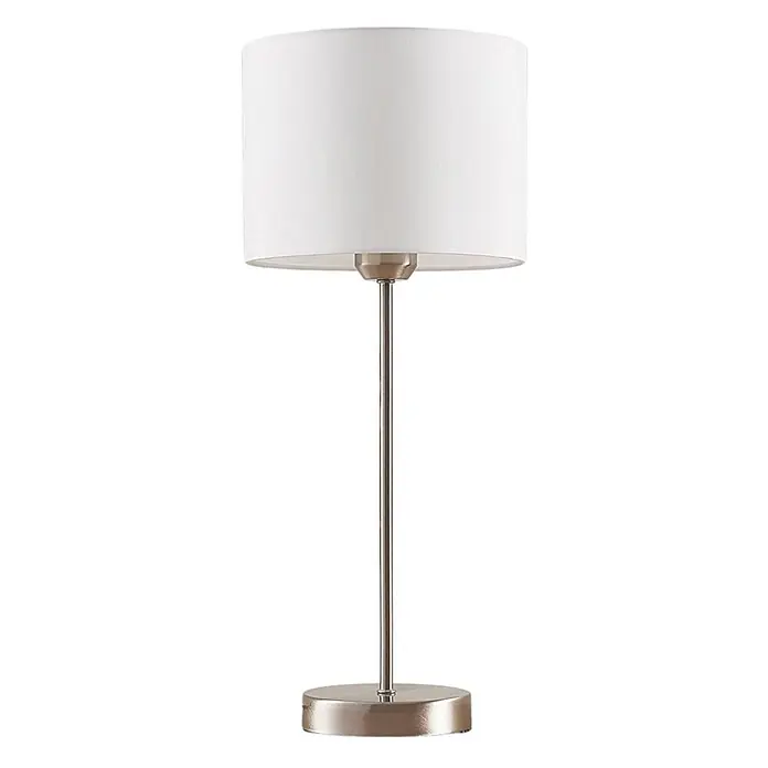 Lindby Tischleuchte Annatina - L x B x H: 20 x 20 x 48 cm, alu / grau / zink, weiß / opal, E27 - Eine moderne Tischlampe mit einem weißen zylindrischen Schirm und einem gebürsteten Metallsockel mit schlankem Stiel.