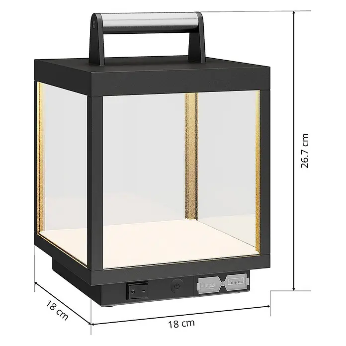 Lucande Tischleuchte Cube - schwarz - Schwarze tragbare LED-Laterne mit klaren Seiten, silbernem Griff und warmem Licht. Mit USB-Anschlüssen. Maße 18x18x26.7 cm.