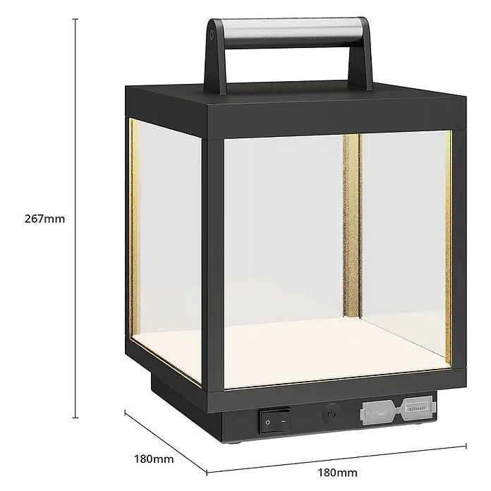 Lucande Tischleuchte Cube - schwarz - Schwarze, quadratische, tragbare Laterne mit klaren Scheiben, Metallgriff und Bedienelementen am Sockel.