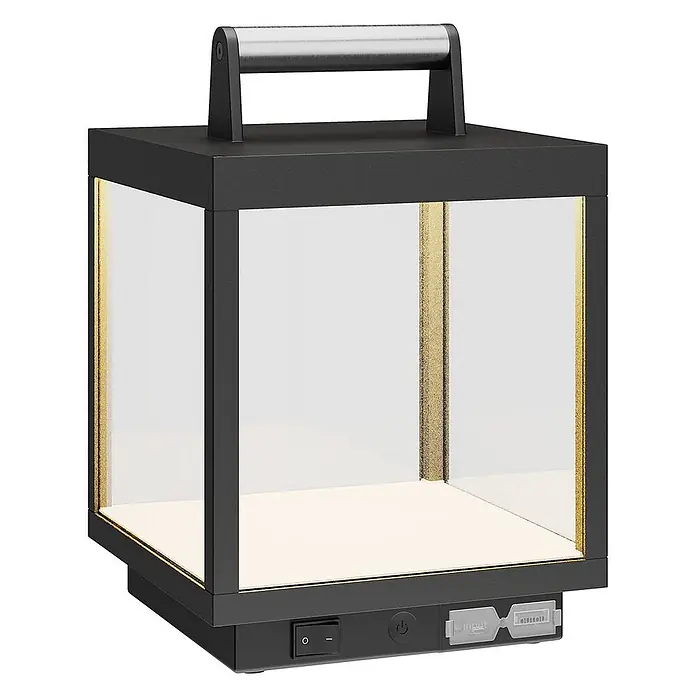 Lucande Tischleuchte Cube - schwarz - Schwarze tragbare LED-Laterne mit klaren Scheiben, goldenen Akzenten und silbernem Griff. Bedienelemente und Anschlüsse an der Basis.
