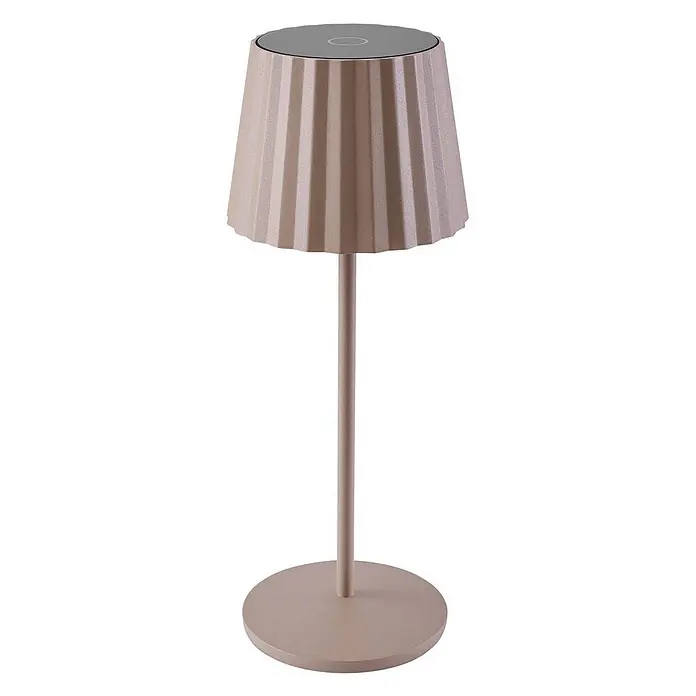 Lindby Tischleuchte Esali - creme / amber, creme / amber - Beige gefaltete Tischleuchte mit dünnem Stiel, rundem Fuß und dunkler runder Oberseite.