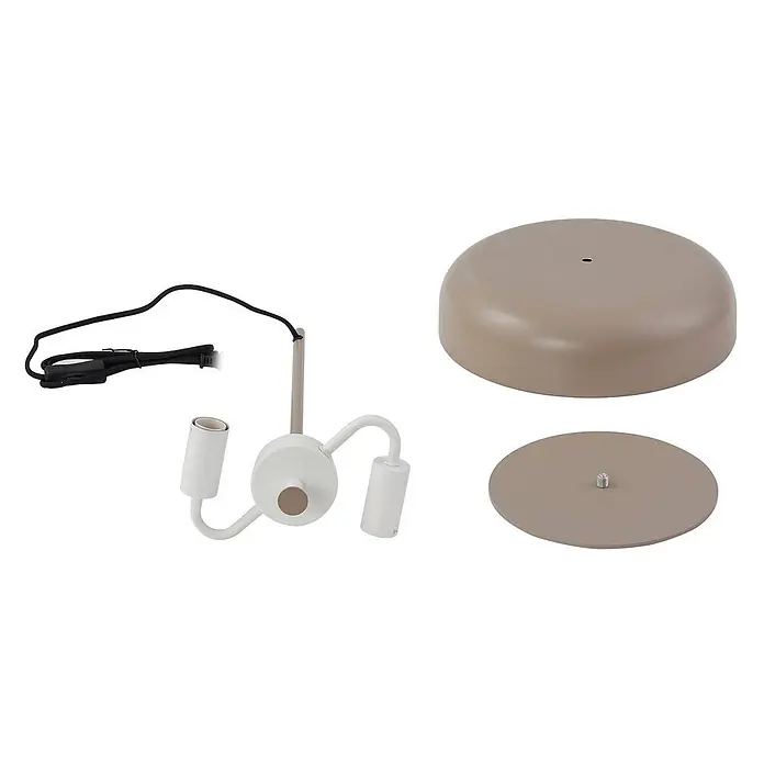 Lindby Tischleuchte Edion - braun / rost, braun / rost, E14 - Komponenten einer beige-weißen Deckenlampe: Netzkabel, Zweiflammenleuchte, Kuppelabdeckung und Grundplatte.