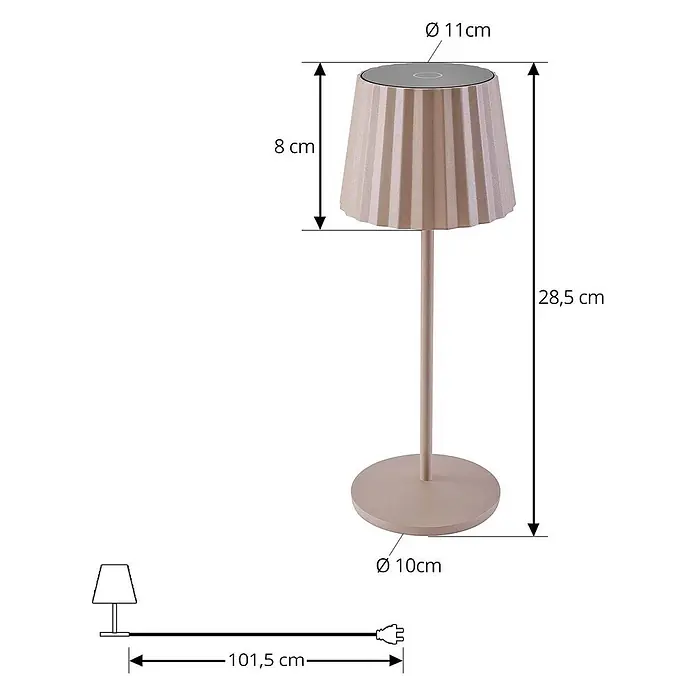 Lindby Tischleuchte Esali - creme / amber, creme / amber - Eine moderne, hellbeige Tischlampe mit geripptem, konischem Schirm und rundem Fuß.