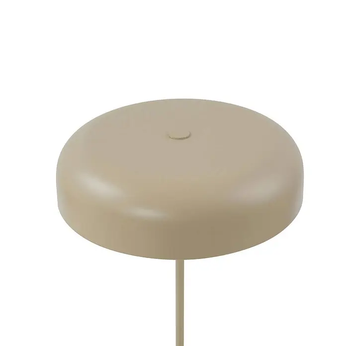 Lindby Tischleuchte Edion - braun / rost, braun / rost, E14 - Hellbeige runde Lampe mit flacher Oberfläche und kleiner Einkerbung auf dünnem Stiel.