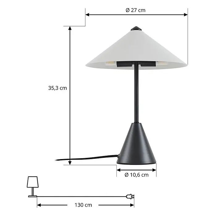 Lindby Tischleuchte Norvik - L x B x H: 27 x 27 x 35,8 cm, schwarz, alu / grau / zink, G9 - Schwarz-weiße Tischleuchte mit konischem Fuß und Schirm; Maße angegeben.
