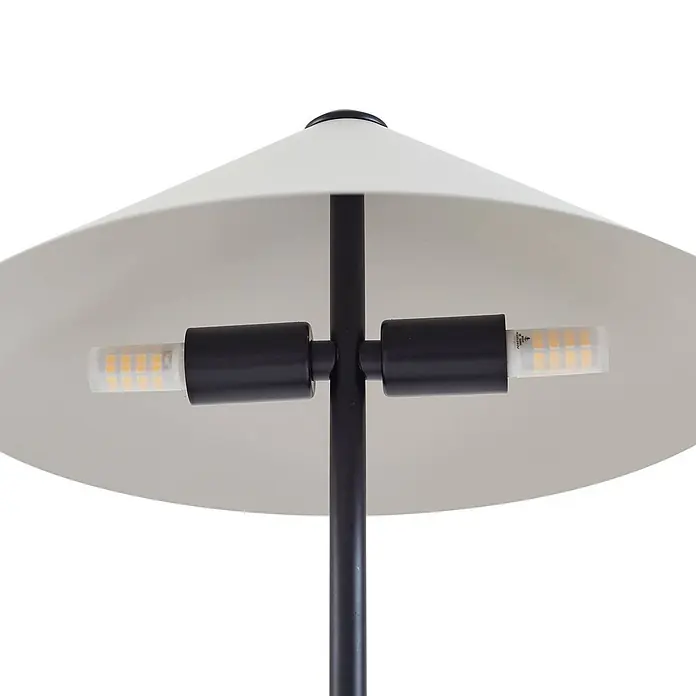 Lindby Tischleuchte Norvik - L x B x H: 27 x 27 x 35,8 cm, schwarz, alu / grau / zink, G9 - Weiße Lampenschirm-Innenseite mit schwarzem Stab und zwei LED G9 Leuchtmitteln.