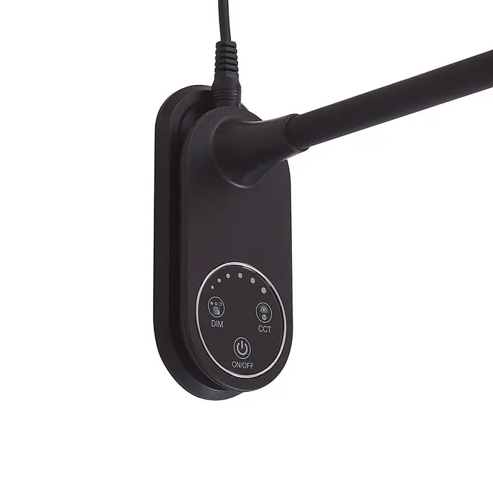 Lindby Tischleuchte Valtaria - schwarz, schwarz - Schwarze Wandleuchten-Steuereinheit mit integrierten Dimm- und CCT-Funktionen sowie einem Ein/Aus-Schalter.