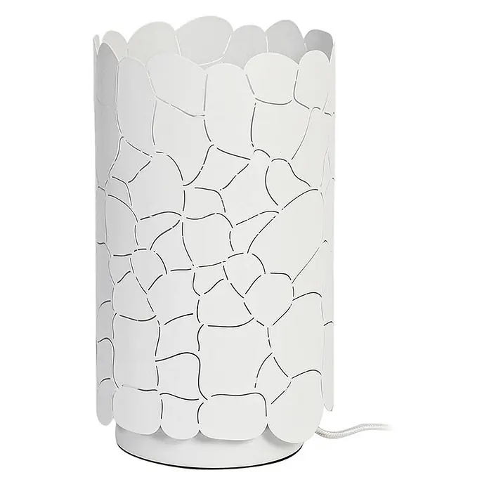 Lindby Tischleuchte Aralena - weiß / opal, E27 - Weiße perforierte Metalltischleuchte mit organischem, kieselsteinartigem Design.
