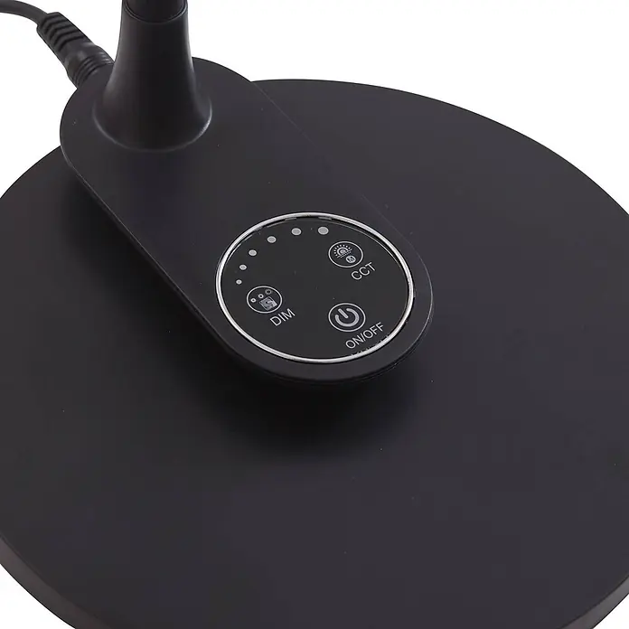 Lindby Tischleuchte Valtaria - schwarz, schwarz - Schwarzes Touch-Bedienfeld einer Schreibtischlampe mit silbernem Rand, DIM-, CCT- und ON/OFF-Tasten sowie Anzeigepunkten.