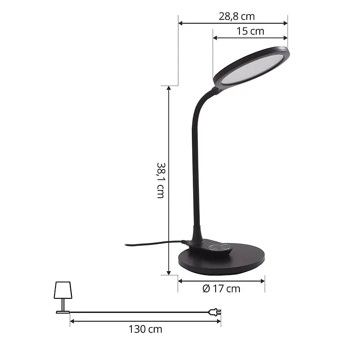 Lindby Tischleuchte Valtaria - schwarz, schwarz - Eine schwarze, flexible LED-Schreibtischlampe mit rundem Leuchtkopf und Bedienfeld am Sockel, mit Maßen dargestellt.