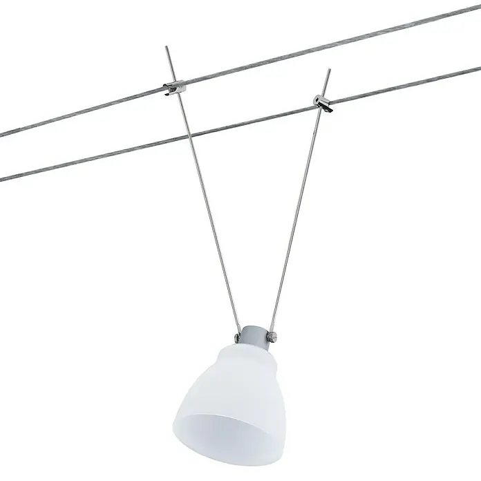 Paulmann DecoSystems Lampenschirm Wolbi - Durchmesser: 9 cm, Weiß, Glas, Rund - Eine moderne, weiße Hängelampe mit silbernen Aufhängungen an zwei Stahlseilen, die ein minimalistisches Design verkörpert.