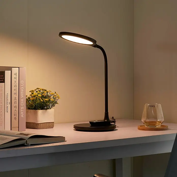 Lindby Tischleuchte Valtaria - schwarz, schwarz - Schwarze LED-Schreibtischlampe mit flexiblem Hals, die einen Schreibtisch mit Büchern und einer Pflanze beleuchtet.