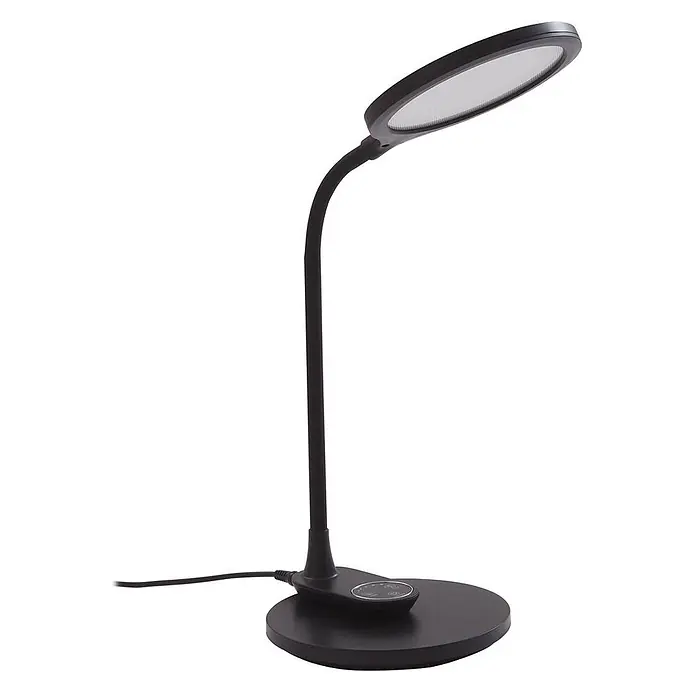 Lindby Tischleuchte Valtaria - schwarz, schwarz - Schwarze LED-Schreibtischlampe mit rundem Kopf, flexiblem Schwanenhals und runder Basis mit Touch-Steuerung.
