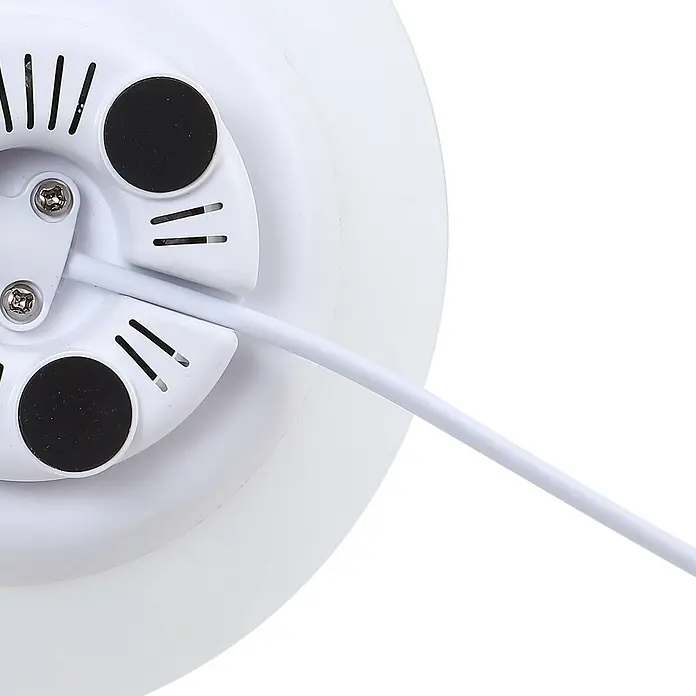 Lindby Tischleuchte Cosmia - L x B x H: 15 x 15 x 15,7 cm, weiß / opal - Weiße Elektronikgerätebasis mit Lüftungsschlitzen, schwarzen Pads, Schrauben und einem weißen Stromkabel.
