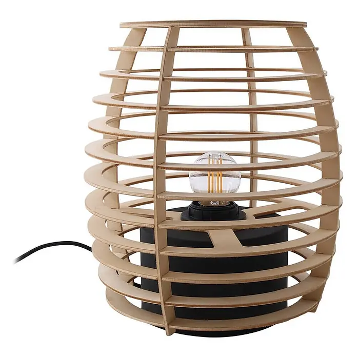 Lindby Tischleuchte Ediz - L x B x H: 22 x 22 x 25 cm, Holz hell, E27 - Tischlampe aus Holzlamellen mit schwarzem Sockel und sichtbarer Glühbirne.