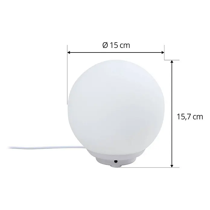 Lindby Tischleuchte Cosmia - L x B x H: 15 x 15 x 15,7 cm, weiß / opal - Weiße kugelförmige Tischlampe mit 15 cm Durchmesser und 15,7 cm Höhe, inklusive Sockel und Netzkabel.
