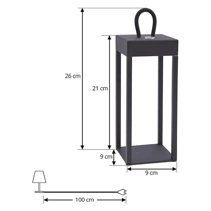 Lindby Tischleuchte Iruna - L x B x H: 9 x 9 x 26,5 cm, schwarz, schwarz - Dunkelgraue quadratische Laterne mit Griff, 26cm hoch, 9cm breit, und 100cm Netzkabel.