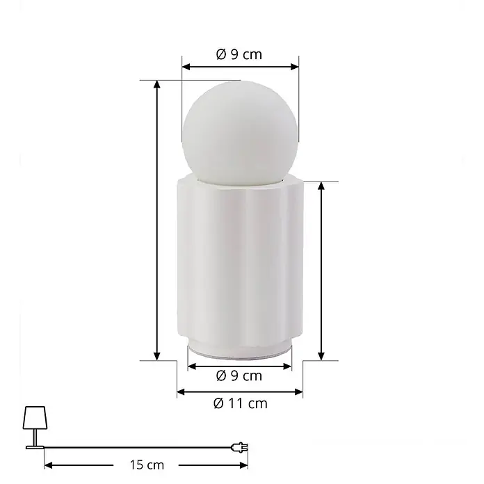 Lindby Tischleuchte Nielson - L x B x H: 11 x 11 x 23 cm, weiß / opal, weiß / opal, E27 - Weiße Tischlampe mit kugelförmigem Schirm (9cm Durchmesser) und geriffelter zylindrischer Basis. Hauptabmessungen und 15cm Kabellänge sind abgebildet.