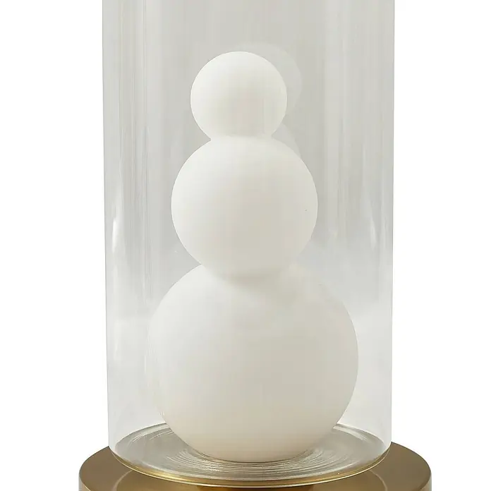 Lindby Tischleuchte Kupla - L x B x H: 15 x 15 x 28,5 cm, messing / gold, klar / transparent, G9 - Weißes, schneemannförmiges Dekolicht in einer Glasglocke mit goldfarbenem Sockel.