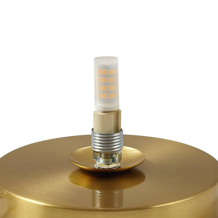 Lindby Tischleuchte Kupla - L x B x H: 15 x 15 x 28,5 cm, messing / gold, klar / transparent, G9 - G9 LED-Birne in einer Fassung auf einem runden, gebürsteten goldfarbenen Metallsockel.
