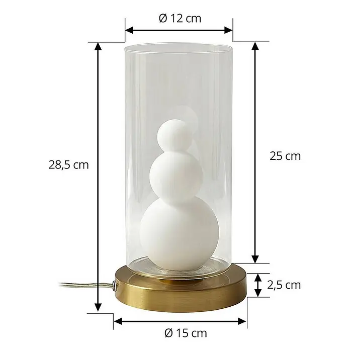 Lindby Tischleuchte Kupla - L x B x H: 15 x 15 x 28,5 cm, messing / gold, klar / transparent, G9 - Tischlampe mit Messingsockel, Zylinder aus Klarglas und drei gestapelten weißen Kugelleuchten.