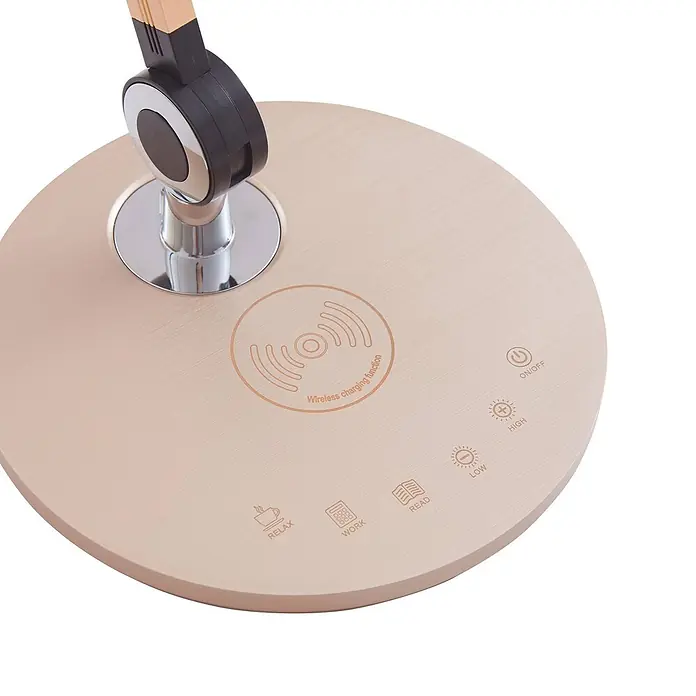 Lindby Tischleuchte Nyxaris - L x B x H: 55,7 x 20,1 x 49,7 cm, messing / gold, messing / gold - Beige Schreibtischlampenbasis mit gebürstetem Metall-Finish, kabellosem Ladepad und Touch-Steuerung für Lichtmodi.