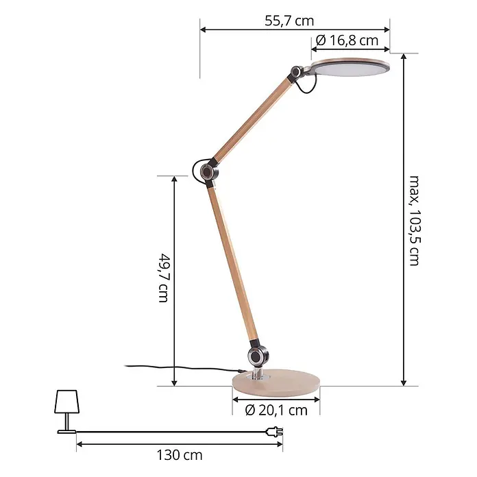 Lindby Tischleuchte Nyxaris - L x B x H: 55,7 x 20,1 x 49,7 cm, messing / gold, messing / gold - Verstellbare Holz-Schreibtischlampe mit rundem Leuchtkopf, hellem Holz und dunklen Metallakzenten. Max. Höhe 103,5 cm.