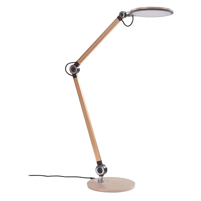 Lindby Tischleuchte Nyxaris - L x B x H: 55,7 x 20,1 x 49,7 cm, messing / gold, messing / gold - Verstellbare Schreibtischlampe mit hellen Holzarmen, schwarzen Gelenken und rundem LED-Kopf. Runder Holzfuß.