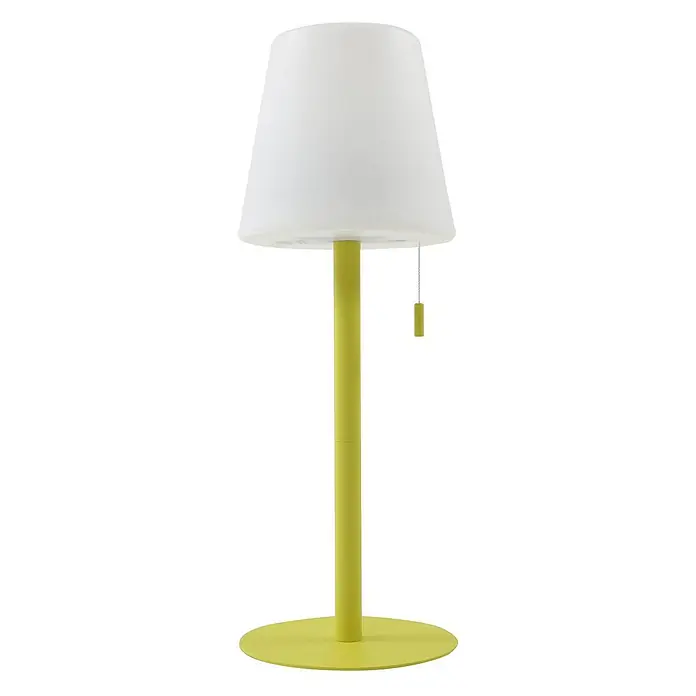 Lindby Tischleuchte Azalea - gelb / orange - Limettengrüne Tischlampe mit weißem kegelförmigem Schirm und Zugkette.