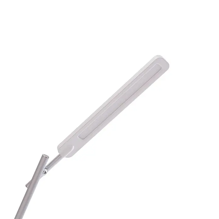 Lindby Tischleuchte Valtorin - weiß / opal, weiß / opal - Weißer, rechteckiger LED-Leuchtenkopf mit texturiertem Diffusor, verbunden mit einem silbernen verstellbaren Arm.