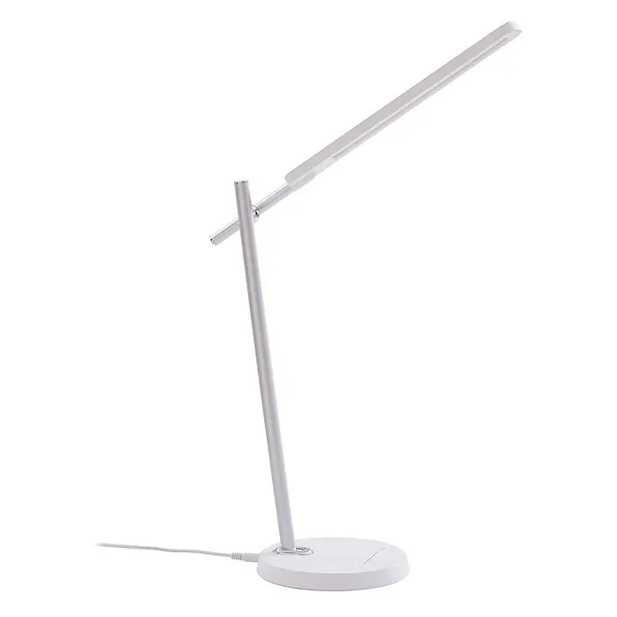 Lindby Tischleuchte Valtorin - weiß / opal, weiß / opal - Schlanke silberne und weiße LED-Schreibtischlampe mit verstellbarem Arm und rechteckigem Leuchtbalken auf rundem Fuß.