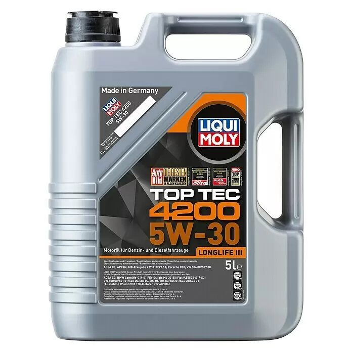 Liqui Moly Aceite para motor Top Tec 4200 - 5 l, 5W-30, C3 - Garrafa de plástico gris de aceite de motor Liqui Moly Top Tec 4200 5W-30, 5 litros, para vehículos de gasolina y diésel.