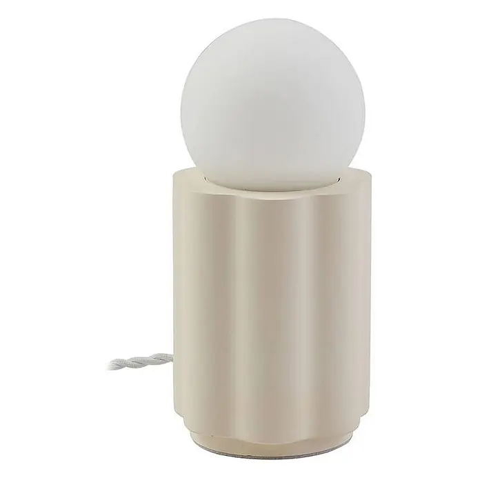 Lindby Tischleuchte Nielson - creme / amber, weiß / opal, E27 - Cremefarbene gerillte zylindrische Tischlampe mit weißer Kugelbirne und geflochtenem Kabel.
