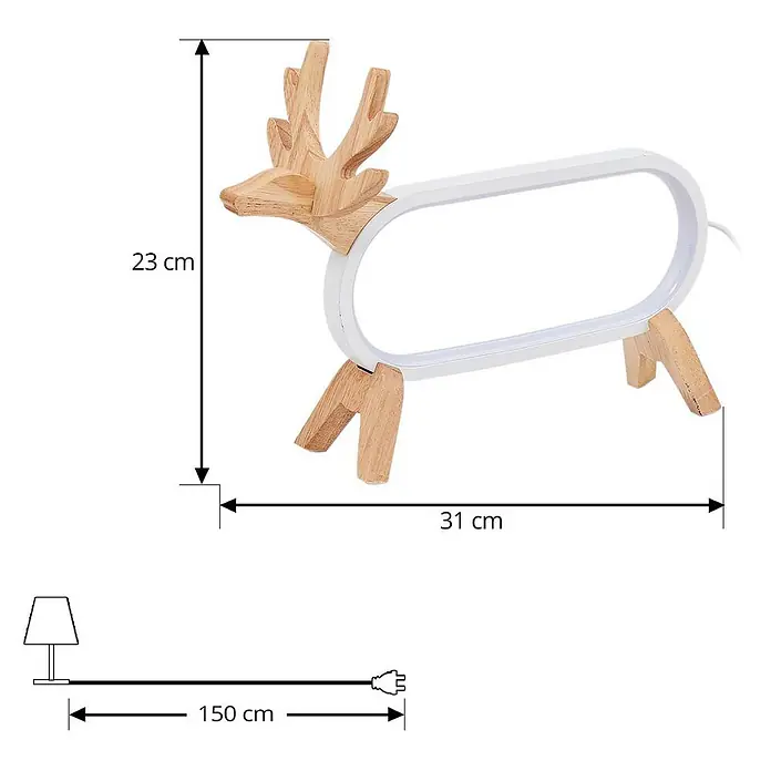 Lindby Tischleuchte Hirvi - L x B x H: 31 x 10 x 23 cm, Holz hell, weiß / opal - Hölzerne Hirsch-LED-Lampe mit weißem Ovalrahmen, Maße 23x31 cm und 150 cm Netzkabel.