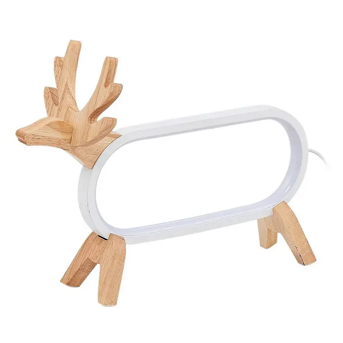 Lindby Tischleuchte Hirvi - L x B x H: 31 x 10 x 23 cm, Holz hell, weiß / opal - Tischlampe in Hirschform aus Holz mit weißem ovalem Leuchtrahmen.