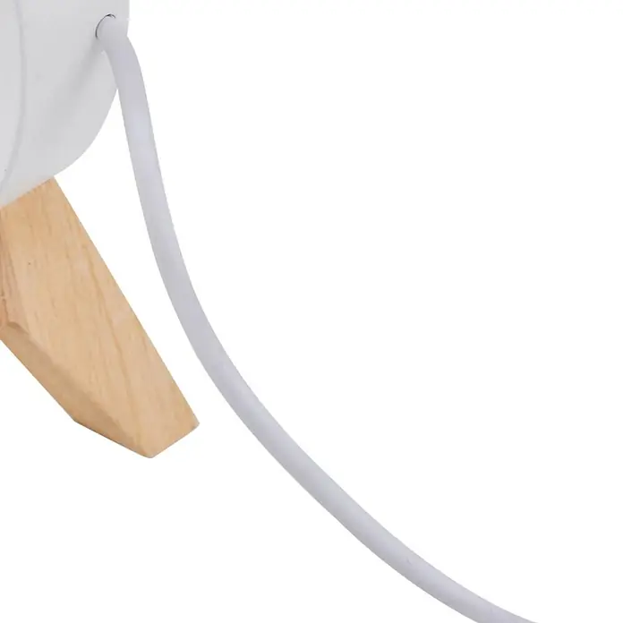 Lindby Tischleuchte Hirvi - L x B x H: 31 x 10 x 23 cm, Holz hell, weiß / opal - Weißes Gerät mit hellem Holzsockel und einem weißen Kabel.