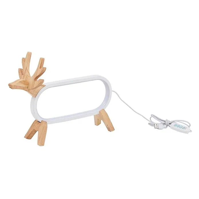 Lindby Tischleuchte Hirvi - L x B x H: 31 x 10 x 23 cm, Holz hell, weiß / opal - Hirschförmige LED-Lampe aus Holz mit weißem ovalem Lichtrahmen und USB-Kabel mit Steuerung.