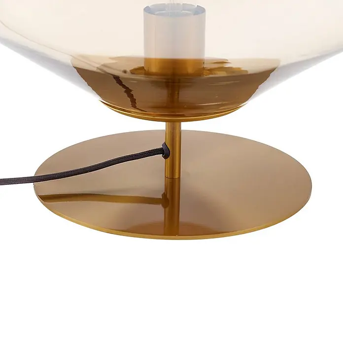Lindby Tischleuchte Lelia - L x B x H: 35 x 35 x 27,5 cm, creme / amber, E27 - Goldener Lampenfuß mit transparentem bernsteinfarbenem Glasschirm und schwarzem Stoffkabel.