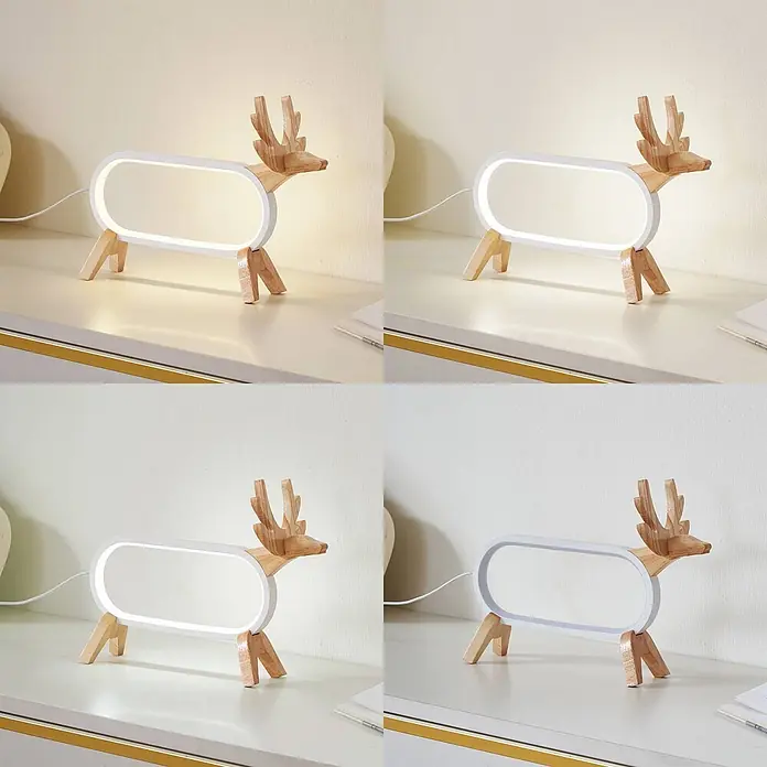 Lindby Tischleuchte Hirvi - L x B x H: 31 x 10 x 23 cm, Holz hell, weiß / opal - Hirschförmige Holzlampe mit weißem ovalen Korpus, zeigt warme bis kühle Lichtfarben und ausgeschaltet.