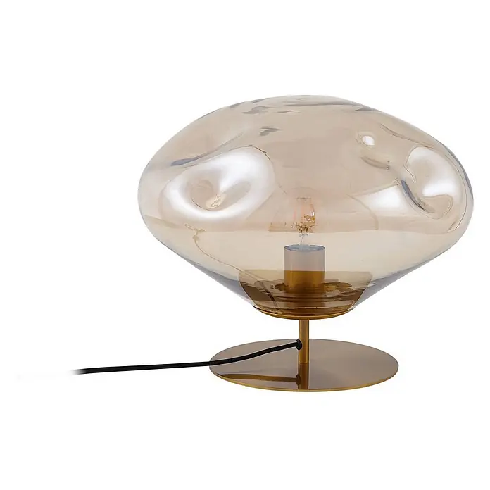 Lindby Tischleuchte Lelia - L x B x H: 35 x 35 x 27,5 cm, creme / amber, E27 - Bernsteinfarbene Glastischlampe mit organisch geformtem Schirm und goldfarbenem Metallsockel, mit sichtbarer Glühbirne.