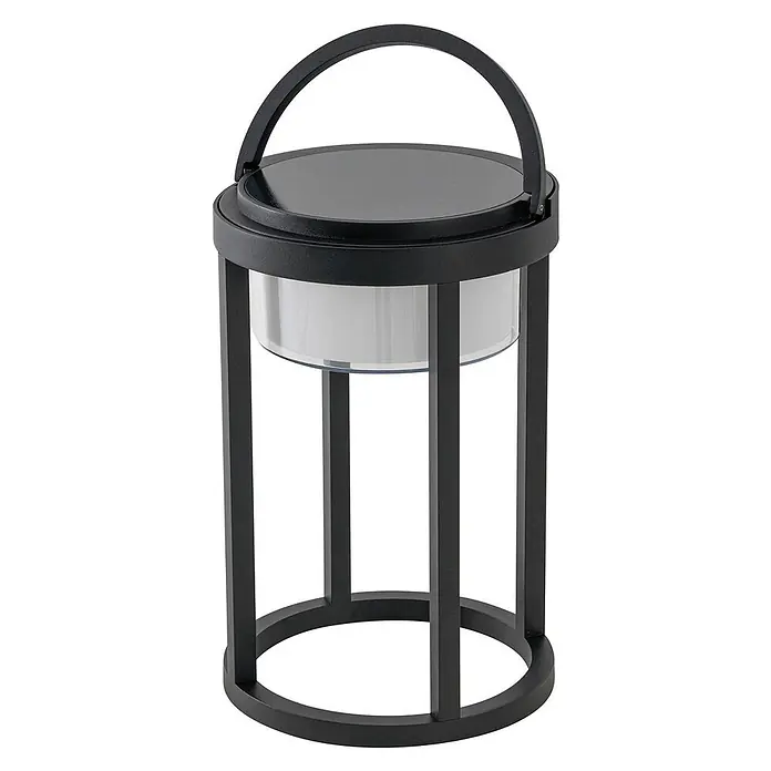 Lucande Tischleuchte Tilena - L x B x H: 21 x 21 x 32 cm, schwarz - Schwarze, tragbare Laterne mit Griff, zylindrischem Rahmen und lichtdurchlässigem weißem Diffusor.