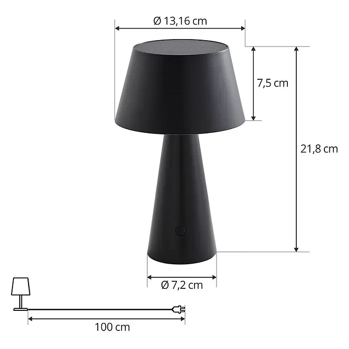 Lindby Tischleuchte Lirinor - L x B x H: 13,16 x 13,16 x 21,8 cm, schwarz, schwarz - Schwarze Solartischleuchte mit detaillierten Maßen.