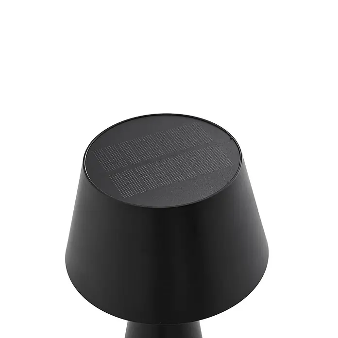 Lindby Tischleuchte Lirinor - L x B x H: 13,16 x 13,16 x 21,8 cm, schwarz, schwarz - Schwarze kegelförmige Solarlampe mit Solarpanel auf der Oberseite.