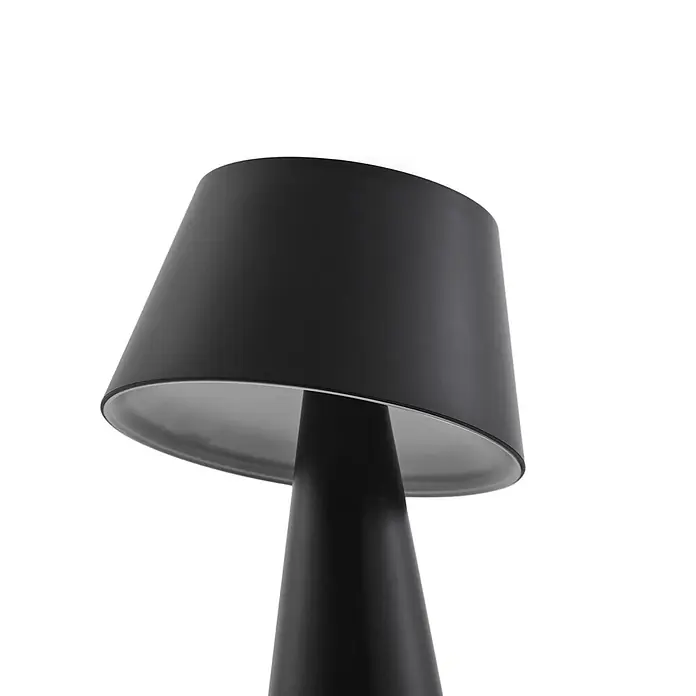 Lindby Tischleuchte Lirinor - L x B x H: 13,16 x 13,16 x 21,8 cm, schwarz, schwarz - Schwarze Tischleuchte mit konischem Fuß und breitem, konischem Schirm, hellerer Innenseite.