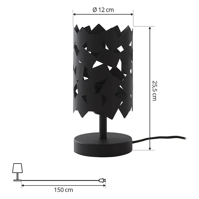 Lucande Tischleuchte Aeloria - L x B x H: 12 x 12 x 25 cm, schwarz, schwarz, E27 - Schwarze Metall-Tischleuchte mit dekorativem Ausschnittschirm, 25,5 cm hoch und 12 cm Durchmesser.