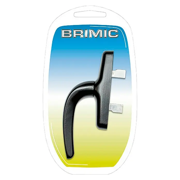 Micel Brimic Manilla para ventana 6815 - Largo: 173 mm, Negro, Aluminio - Se muestra una manija de ventana Briminic en acabado negro en su embalaje original. Un accesorio práctico para ventanas.
