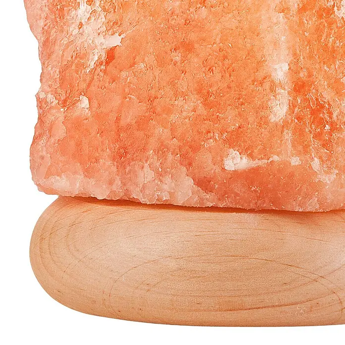 Envostar Tischleuchte Harmony - rot, E14 - Rosa Himalaya-Salzlampe mit grobem Salzkristall auf einem runden Holzsockel.