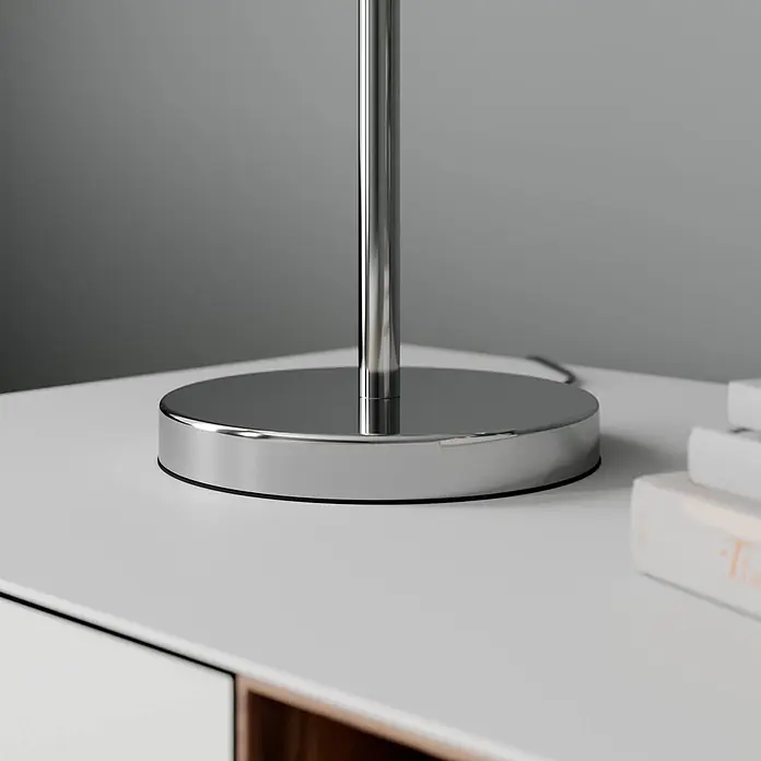 Lindby Tischleuchte Benjiro - L x B x H: 30 x 30 x 52,5 cm, chrom / silber, weiß / opal, E27 - Runder, polierter Chrom-Lampenfuß mit passendem silbernen Ständer.