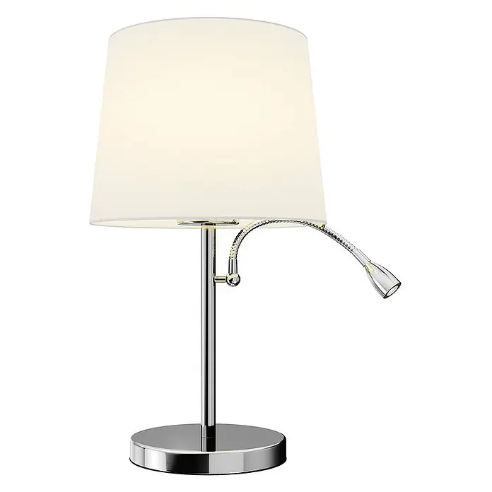Lindby Tischleuchte Benjiro - L x B x H: 30 x 30 x 52,5 cm, chrom / silber, weiß / opal, E27 - Chrom-Tischleuchte mit weißem Stoffschirm und flexibler LED-Leselampe.
