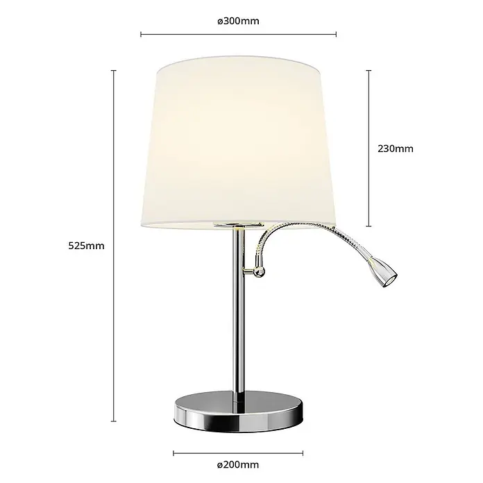 Lindby Tischleuchte Benjiro - L x B x H: 30 x 30 x 52,5 cm, chrom / silber, weiß / opal, E27 - Verchromte Tischleuchte mit weißem Lampenschirm und flexibler LED-Leselampe.